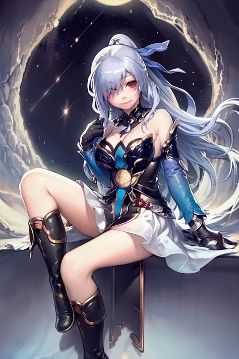 masterpiece, best quality, <lora:jingliu-mver-000008:1>, <lora:style17:1>,1girl, long hair,red eyes, gloves, moon, breasts, sitting, solo, looking at viewer, black gloves, dress, bare shoulders, sky, night, boots, hair over one eye, night sky, full moon, cleavage, bangs, full body, ponytail, large breasts, black footwear, grey hair, closed mouth, star (sky), knee boots, very long hair, smile, high heels, starry sky