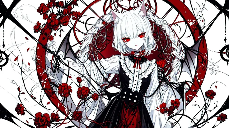 <lora:SheyaStyleV12-000016:0.5>, cat ears, original, fair skin, creation, demon, white, black , eyes, doodle, demon, vampire, white, black, blue, red, ((1girl)), blood on hands, (best quality, masterpiece), (1girl, solo , standing , looking at viewer, upper body), (red dreamcatcher behind)