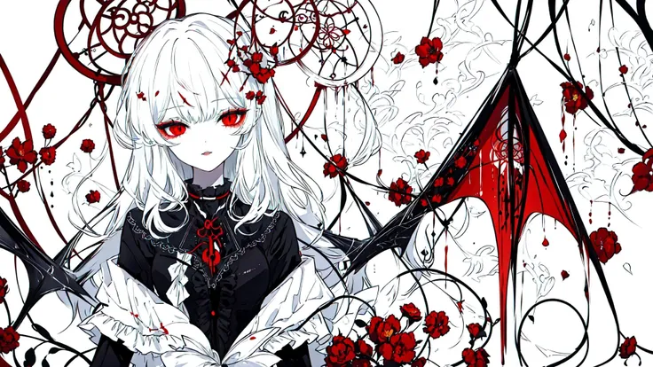 <lora:SheyaStyleV12-000016:0.7>, cat ears, original, fair skin, creation, demon, white, black,red eyes, doodle,  demon, vampire, white, black, blue, red, ((1girl)), blood on hands,   (best quality, masterpiece), (1girl, solo , standing , looking at viewer, upper body), (red dreamcatcher behind, flower, blood )