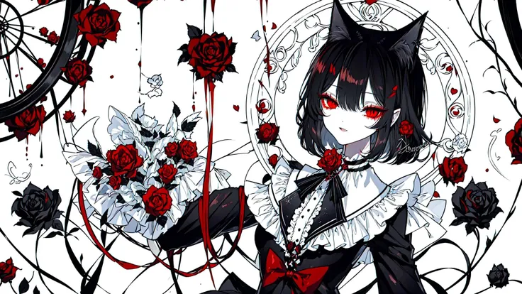 <lora:SheyaStyleV12-000016:0.7>, cat ears, demon, vampire, white, black,red eyes, ((1girl)), blood on hands,  black hair,  (best quality, masterpiece), (1girl, solo, black dress, standing , looking at viewer, white hair, red eyes, holding rose, upper body), (red dreamcatcher behind, red flower, )