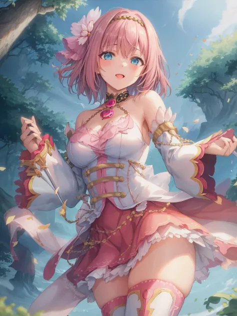 ((((ultra illustrated style:1.0)))),best quality,best animated,masterpiece,ray tracing, global illumination,yui six star,1girl, solo,pink thighhighs,white knee boots,outdoors, <lora:yui six star:0.6>