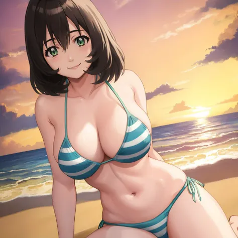 natsukawa_machiko, green_eyes, striped bikini, beach, sunset, smile <lora:natsukawa_machiko_v3:0.8>, masterpiece, best quality