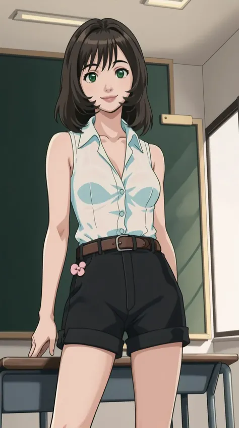 1girl, masterpiece, best quality, brown hair, long hair, (green eyes), natsukawa_machiko, panchira_teacher, solo focus, medium breasts, 
standing,  classroom, <lora:natsukawa_machiko_v3:0.75>,  sleeveless, white button up shirt, black shorts, belt,  smile,