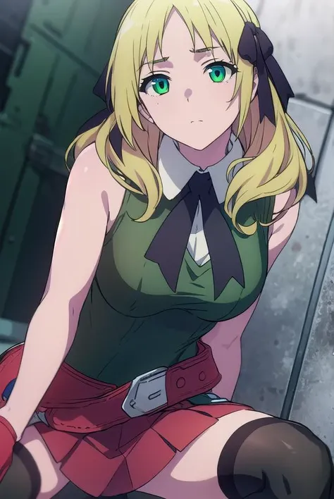 estellerosenthal, <lyco:estellerosenthal-LYCORIStest:1>,
estelle rosenthal, long hair, blonde hair, (green eyes:1.5), mole, mole under eye, black ribbon, black bow, hair ribbon,
BREAK skirt, shirt, thighhighs, gloves, bow, ribbon, bare shoulders, white shirt, sleeveless, belt, black thighhighs, miniskirt, bowtie, sleeveless shirt, red skirt, garter straps, red gloves, high-waist skirt, pink gloves,
BREAK looking at viewer,
BREAK outdoors, city,
BREAK <lora:GoodHands-vanilla:1>, (masterpiece:1.2), best quality, high resolution, unity 8k wallpaper, (illustration:0.8), (beautiful detailed eyes:1.6), extremely detailed face, perfect lighting, extremely detailed CG, (perfect hands, perfect anatomy),