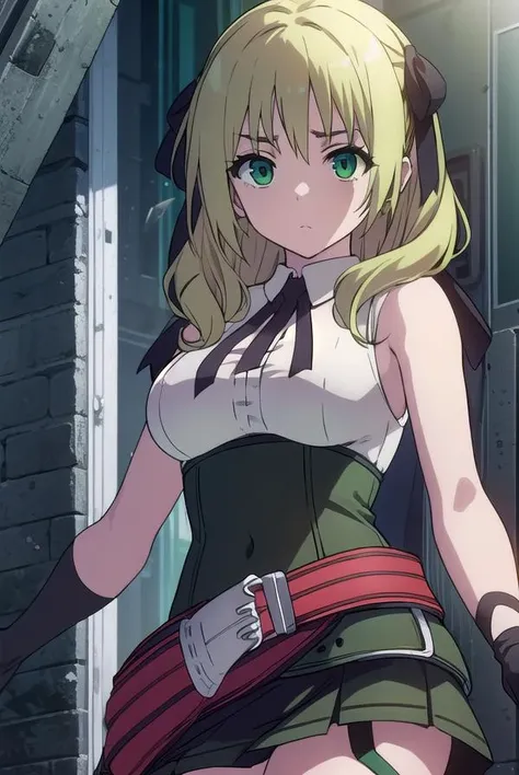 estellerosenthal, <lyco:estellerosenthal-LYCORIStest:1>,
estelle rosenthal, long hair, blonde hair, (green eyes:1.5), mole, mole under eye, black ribbon, black bow, hair ribbon,
BREAK skirt, shirt, thighhighs, gloves, bow, ribbon, bare shoulders, white shirt, sleeveless, belt, black thighhighs, miniskirt, bowtie, sleeveless shirt, red skirt, garter straps, red gloves, high-waist skirt, pink gloves,
BREAK looking at viewer,
BREAK outdoors, city,
BREAK <lora:GoodHands-vanilla:1>, (masterpiece:1.2), best quality, high resolution, unity 8k wallpaper, (illustration:0.8), (beautiful detailed eyes:1.6), extremely detailed face, perfect lighting, extremely detailed CG, (perfect hands, perfect anatomy),
