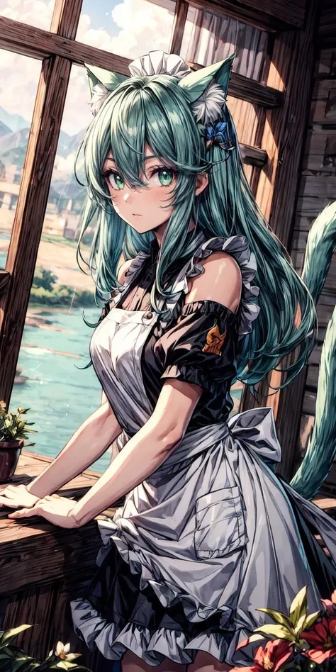 (masterpiece, highres, best quality, ultra detailed, detailed background, cinematic lighting:1.2), (beautiful detailed face, detailled eyes) BREAK
1girl, cute, petite, wind effect, animal ears,tail,cat ears,long hair,green eyes,apron,dress, green hair,name tag,hair between eyes,bare shoulders,short sleeves,frills,waist apron,sidelocks
, sun, cloud, (lens flare:1.1), misty lake, blooming flower BREAK
dynamic pose, dynamic angle
<lora:FLora_TOP:0.5>
<lora:add_detail:1>