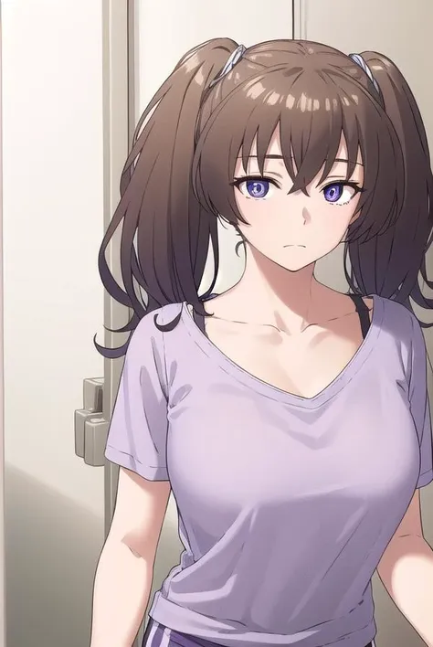 laundrygirl, <lyco:laundrygirl-lyco-nochekaiser:1>,
laundry girl, twintails, bangs, hair between eyes, brown hair, (purple eyes:1.1),
BREAK shirt, collarbone, bra strap, shorts, short sleeves,
BREAK indoors,
BREAK looking at viewer, (cowboy shot:1.5),
BREAK <lyco:GoodHands-beta2:1>, (masterpiece:1.2), best quality, high resolution, unity 8k wallpaper, (illustration:0.8), (beautiful detailed eyes:1.6), extremely detailed face, perfect lighting, extremely detailed CG, (perfect hands, perfect anatomy),