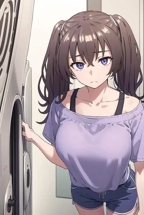 laundrygirl, <lyco:laundrygirl-lyco-nochekaiser:1>,
laundry girl, twintails, bangs, hair between eyes, brown hair, (purple eyes:1.1),
BREAK shirt, collarbone, bra strap, shorts, short sleeves,
BREAK indoors,
BREAK looking at viewer, (cowboy shot:1.5),
BREAK <lyco:GoodHands-beta2:1>, (masterpiece:1.2), best quality, high resolution, unity 8k wallpaper, (illustration:0.8), (beautiful detailed eyes:1.6), extremely detailed face, perfect lighting, extremely detailed CG, (perfect hands, perfect anatomy),