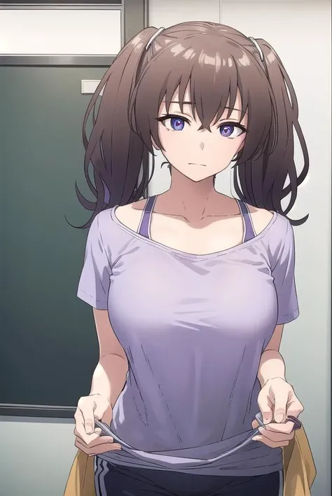 laundrygirl, <lyco:laundrygirl-lyco-nochekaiser:1>,
laundry girl, twintails, bangs, hair between eyes, brown hair, (purple eyes:1.1),
BREAK shirt, collarbone, bra strap, shorts, short sleeves,
BREAK indoors,
BREAK looking at viewer, (cowboy shot:1.5),
BREAK <lyco:GoodHands-beta2:1>, (masterpiece:1.2), best quality, high resolution, unity 8k wallpaper, (illustration:0.8), (beautiful detailed eyes:1.6), extremely detailed face, perfect lighting, extremely detailed CG, (perfect hands, perfect anatomy),