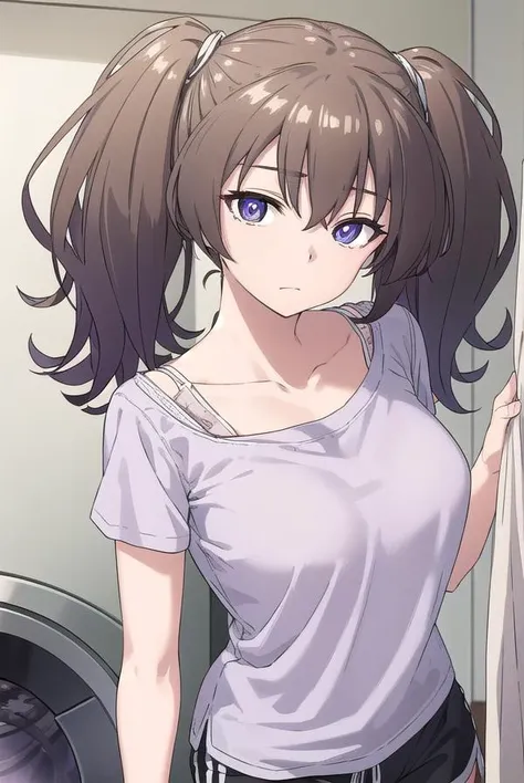 laundrygirl, <lyco:laundrygirl-lyco-nochekaiser:1>,
laundry girl, twintails, bangs, hair between eyes, brown hair, (purple eyes:1.1),
BREAK shirt, collarbone, bra strap, shorts, short sleeves,
BREAK indoors,
BREAK looking at viewer, (cowboy shot:1.5),
BREAK <lyco:GoodHands-beta2:1>, (masterpiece:1.2), best quality, high resolution, unity 8k wallpaper, (illustration:0.8), (beautiful detailed eyes:1.6), extremely detailed face, perfect lighting, extremely detailed CG, (perfect hands, perfect anatomy),