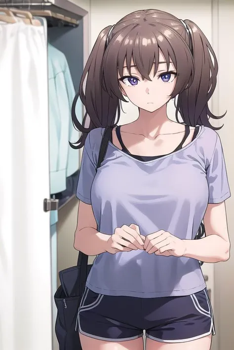 laundrygirl, <lyco:laundrygirl-lyco-nochekaiser:1>,
laundry girl, twintails, bangs, hair between eyes, brown hair, (purple eyes:1.1),
BREAK shirt, collarbone, bra strap, shorts, short sleeves,
BREAK indoors,
BREAK looking at viewer, (cowboy shot:1.5),
BREAK <lyco:GoodHands-beta2:1>, (masterpiece:1.2), best quality, high resolution, unity 8k wallpaper, (illustration:0.8), (beautiful detailed eyes:1.6), extremely detailed face, perfect lighting, extremely detailed CG, (perfect hands, perfect anatomy),