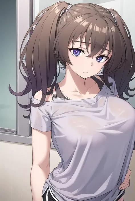 laundrygirl, <lyco:laundrygirl-lyco-nochekaiser:1>,
laundry girl, twintails, bangs, hair between eyes, brown hair, (purple eyes:1.1),
BREAK shirt, collarbone, bra strap, shorts, short sleeves,
BREAK indoors,
BREAK looking at viewer, (cowboy shot:1.5),
BREAK <lyco:GoodHands-beta2:1>, (masterpiece:1.2), best quality, high resolution, unity 8k wallpaper, (illustration:0.8), (beautiful detailed eyes:1.6), extremely detailed face, perfect lighting, extremely detailed CG, (perfect hands, perfect anatomy),