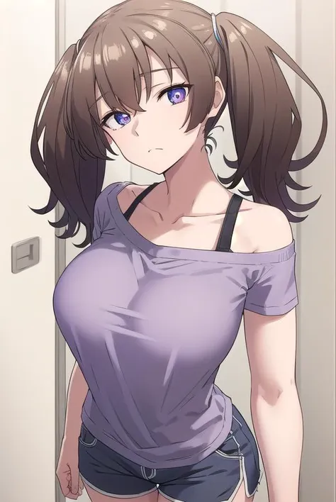 laundrygirl, <lyco:laundrygirl-lyco-nochekaiser:1>,
laundry girl, twintails, bangs, hair between eyes, brown hair, (purple eyes:1.1),
BREAK shirt, collarbone, bra strap, shorts, short sleeves,
BREAK indoors,
BREAK looking at viewer, (cowboy shot:1.5),
BREAK <lyco:GoodHands-beta2:1>, (masterpiece:1.2), best quality, high resolution, unity 8k wallpaper, (illustration:0.8), (beautiful detailed eyes:1.6), extremely detailed face, perfect lighting, extremely detailed CG, (perfect hands, perfect anatomy),