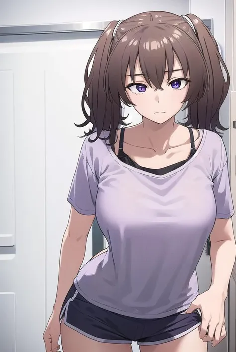 laundrygirl, <lyco:laundrygirl-lyco-nochekaiser:1>,
laundry girl, twintails, bangs, hair between eyes, brown hair, (purple eyes:1.1),
BREAK shirt, collarbone, bra strap, shorts, short sleeves,
BREAK indoors,
BREAK looking at viewer, (cowboy shot:1.5),
BREAK <lyco:GoodHands-beta2:1>, (masterpiece:1.2), best quality, high resolution, unity 8k wallpaper, (illustration:0.8), (beautiful detailed eyes:1.6), extremely detailed face, perfect lighting, extremely detailed CG, (perfect hands, perfect anatomy),