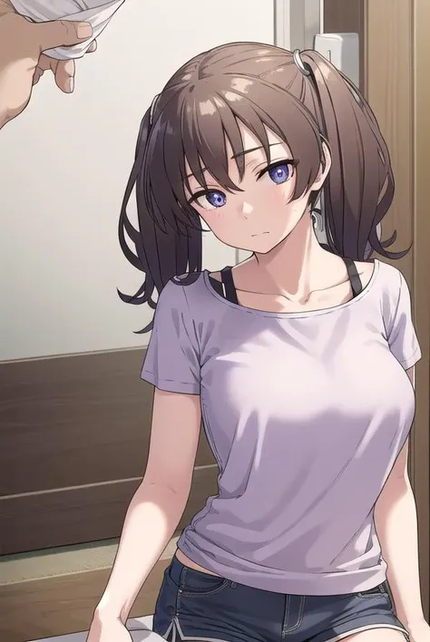 laundrygirl, <lyco:laundrygirl-lyco-nochekaiser:1>,
laundry girl, twintails, bangs, hair between eyes, brown hair, (purple eyes:1.1),
BREAK shirt, collarbone, bra strap, shorts, short sleeves,
BREAK indoors,
BREAK looking at viewer, (cowboy shot:1.5),
BREAK <lyco:GoodHands-beta2:1>, (masterpiece:1.2), best quality, high resolution, unity 8k wallpaper, (illustration:0.8), (beautiful detailed eyes:1.6), extremely detailed face, perfect lighting, extremely detailed CG, (perfect hands, perfect anatomy),