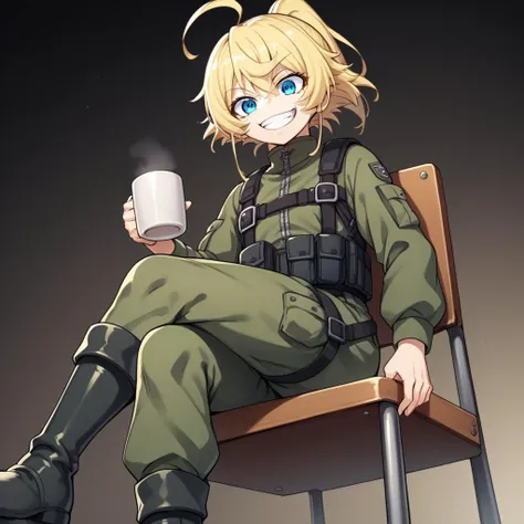 score_9, score_8_up, score_7_up,score_6_up, score_5_up, score_4_up BREAK source_anime, TanyaDegurechaff, 1girl, smile, blue eyes, blonde hair, ponytail, ahoge,jacket, military, soldier, flight suit, smile, (grin:0.7), <lora:Tanya_DegurechaffPonyXl:0.8>, green pants, holding, sitting, boots, cup, chair, crossed legs, holding cup, mug, view from below, dark room,