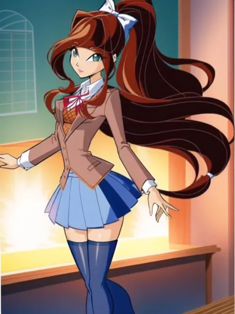 masterpiece, best quality, full body, high heels, classroom background <lora:WinxComiss_Style:0.9> <lora:ddlc:1> school uniform, blazer, brown sweater, collared shirt, neck ribbon, blue skirt, monika, green eyes, brown hair, very long hair, ponytail, hair ribbon, white ribbon, brown thighhighs,