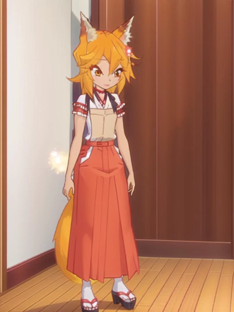 masterpiece, best quality, full body, classroom background <lora:WinxComiss_Style:0.9> <lora:SewayakiKitsune_Senko:1> KitsuneSenko, orange hair, orange eyes, medium hair, fox ears, fox tail, hair ornament, SenkoMiko, miko, brown apron, red hakama,
