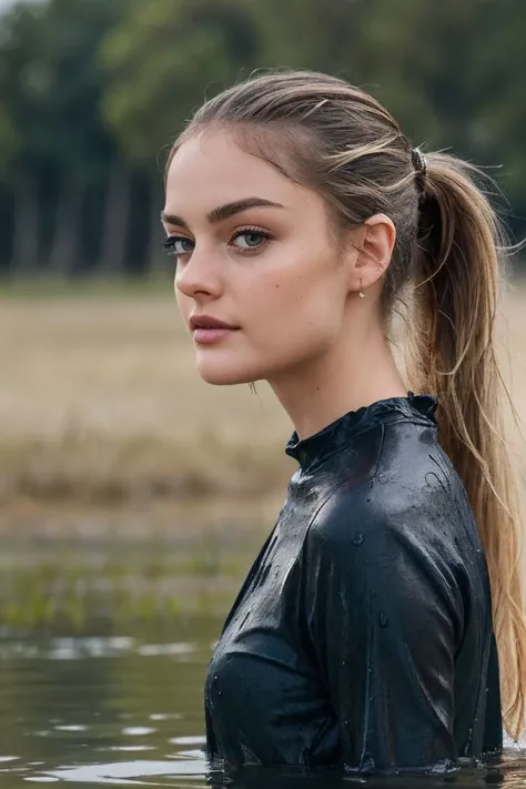 portrait of S210_LexieFox,a beautiful woman,in a (marsh:1.1),wearing a (wet t-shirt:1.1),(ponytail:1.1),(8k, RAW photo, best quality, depth of field, ultra high res:1.2),(absurdres, intricate, photorealistic, masterpiece, ultra-detailed:1.3),