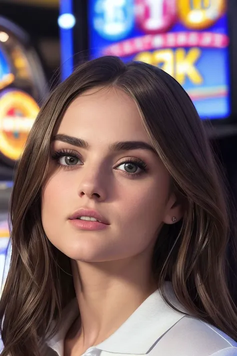 closeup headshot of S210_LexieFox,an attractive woman,in front of a (slot-machine:1.1),wearing a (polo-shirt:1.1),(8k, RAW photo, best quality, depth of field, ultra high res:1.2),(absurdres, intricate, photorealistic, masterpiece, ultra-detailed:1.3),