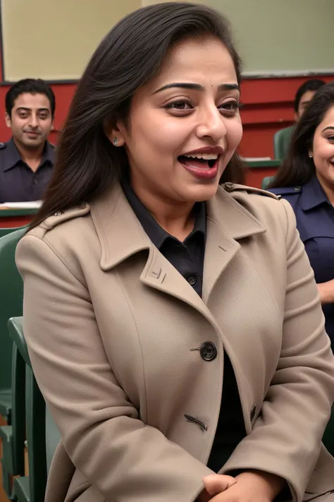 mumtazf,<lora:Mumtaz-1.25:1.25>,lipstick,shirt,coat,classroom,laughing,