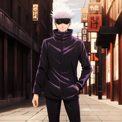 masterpiece,highres,high quality,extremely detailed,solo,outdoors,
<lora:SatoruGojo001:0.7>,smile,
SatoruGojo,1man,
(blindfold:1.4),white hair,spiked hair,
black jacket,popped collar,
pants,
loafers,
stylish_pose,