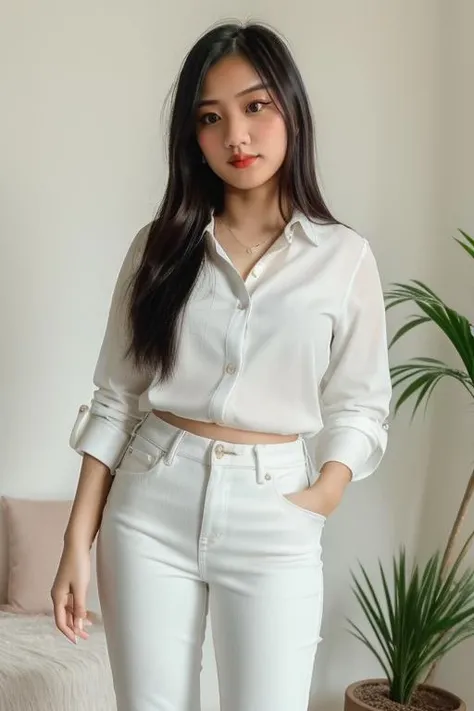 mai0cmspringlora wearing a white blouse and jeans, looking at viewer, standing, full body shot, (high detailed skin:1.2), 8k uhd, dslr, soft lighting, high quality, film grain, Fujifilm XT3 <lora:mai0cmspringlora:1>