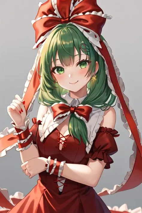 best quality, masterpiece, highres, solo, {kagiyama_hina_touhou:1.15}, green_hair, bow, ribbon, hair_bow, long_hair, hair_ribbon, front_ponytail, green_eyes, smile, bangs, red_ribbon, 1girl, breasts, cleavage, frills, looking_at_viewer, medium_breasts, dress, short_sleeves