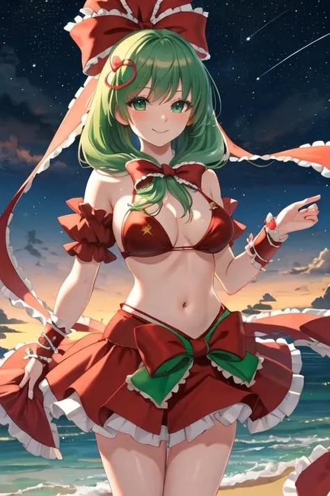best quality, masterpiece, highres, solo, {night:1.10}, {starry sky:1.10}, beach, beautiful detailed sky, {extremely detailed background:1.20}, {kagiyama_hina_touhou:1.15}, {standing:1.10}, looking at viewer, {bikini:1.30}, green_hair, bow, ribbon, hair_bow, long_hair, hair_ribbon, front_ponytail, green_eyes, smile, bangs, red_ribbon, light smile