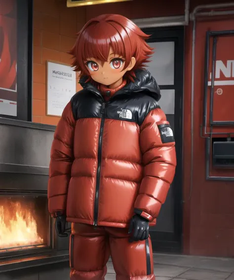 tnf,[mannish short hair], [juggernaut::5]((tanned)), 1girl, solo, standing, [EOD suit,:puffer coat, shiny clothes,  latex:20] ,[:inflatable:30],  asymmetrical hair ,  mesugaki, red_eyes, red_hair, gloves,   open hood, <lora:TNFFUNF:0.6>