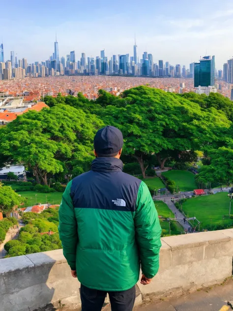 masterpiece, best quality, TNFGREEN, 1man, looking at the viewer, city background,  <lora:TNFGREEN:0.7>