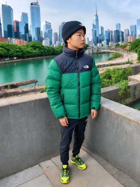 masterpiece, best quality, TNFGREEN, 1boy, looking at the viewer, city background,  <lora:TNFGREEN:0.7>