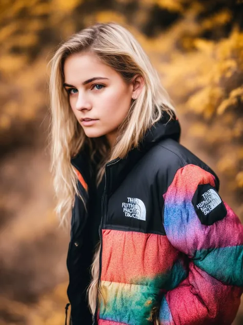 RAW photo, a portrait photo of 1 beautiful teenage girl, tnf, multicolor jacket, slavic, blond hair,  natural skin, 8k uhd, high quality, film grain, Fujifilm XT3   <lora:TNFFIVE:0.8>