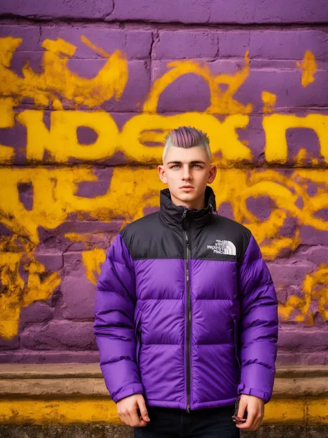 masterpiece, best quality, tnf, (tnfpurple:1.2), purple, 1boy, european boy, (short haircut:1.3), city background, male focus, intricate details, hdr, intricate details, hyperdetailed, cinematic, dark shot, muted colors, film grainy, soothing tones, muted colors, technicolor <lora:TNFFIVE:0.7>