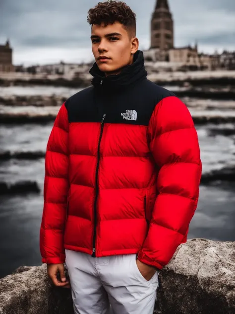 RAW photo, TNFRED, a portrait photo of 1boy, red jacket,   tnf,  male focus, european, city background, natural skin, 8k uhd, high quality, film grain, Fujifilm XT3   <lora:TNFFIVE:0.8>