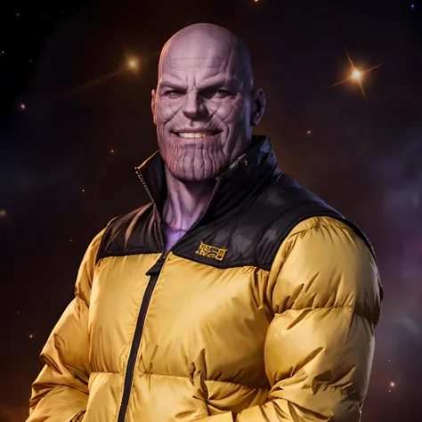 masterpiece, high quality, thnos, muscular, portrait, looking at camera, smiling, wearing a yellow jacket with purple trim, one hand in pocket, medium shot, down shot, space background, <lora:thanosv1:.8>, <lora:TNFFUNF:.6>