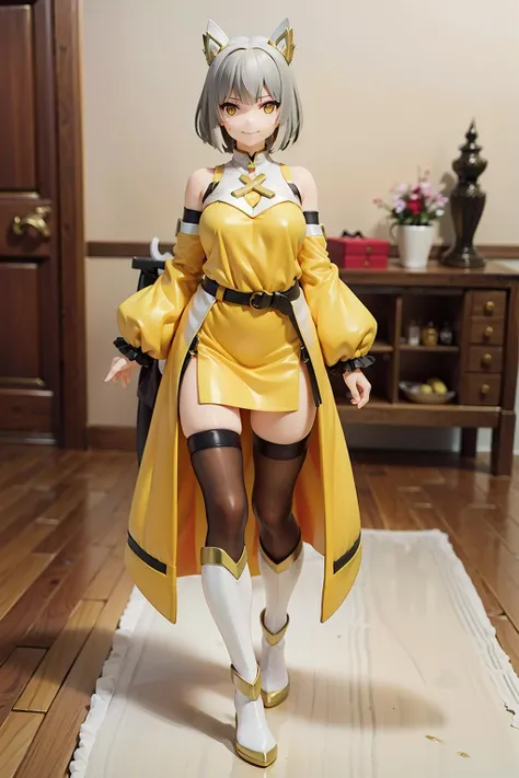 <lora:NiadajiaV5-000008:0.8>,niaglowup,1girl,short hair,grey hair,blunt bangs,gold trim high cat ears,white facial mark,yellow eyes,
white halterneck high collar,yellow white bodysuit,yellow detached sleeves,yellow detached sleeves and black gauntlets,black belt,black pantyhose,red trim white boots,, masterpiece,best quality,ultra detailed,high quality,illustration,indoors,room,perfect anatomy,<lora:æåPVC-L:0.5>,
(full body:1.5),(standing:1.2),looking at viewer,
