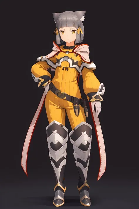 <lora:NiadajiaV1-000008:0.8>,niadajia,1girl,solo,grey hair,short hair,blunt bangs,tips pointing backward cat ears,yellow head ribbon,yellow eyes,
high-collared yellow bodysuit with white trim,pink hood with pairs of long ribbons,flat chest,hood down,black white gauntlets,white gloves,metallic buckle belt,black white leg armor with red boots,, Exquisite visuals, high-definition,masterpiece,best quality,Exquisite visuals,high-definition,masterpiece,best quality,18yo,Young female,Beautiful Fingers,Beautiful long legs,Beautiful body,Beautiful character design,