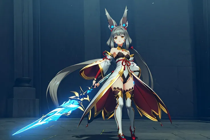 <lora:NiadajiaV3:0.8>,niasexform,1girl,low twintails,tips pointing backward rabbit ears,hair red ribbon,very long hair,grey hair,blunt bangs,white facial mark,yellow eyes,serious,frown,
gold trim collar,small breasts,chest blue red jewel,cleavage,bare shoulders,coat tails gold trim highleg leotard,detached gold trim voluminous sleeves,gold trim white thighhighs,red high-heeled fantasy boots,holding sword,glowing crystalline blue fantasy sword with leaf-like accents and a gem-inset gold hilt,, Exquisite visuals, high-definition,masterpiece,best quality,Exquisite visuals,high-definition,masterpiece,best quality,18yo,Young female,Beautiful Fingers,Beautiful long legs,Beautiful body,Beautiful character design,