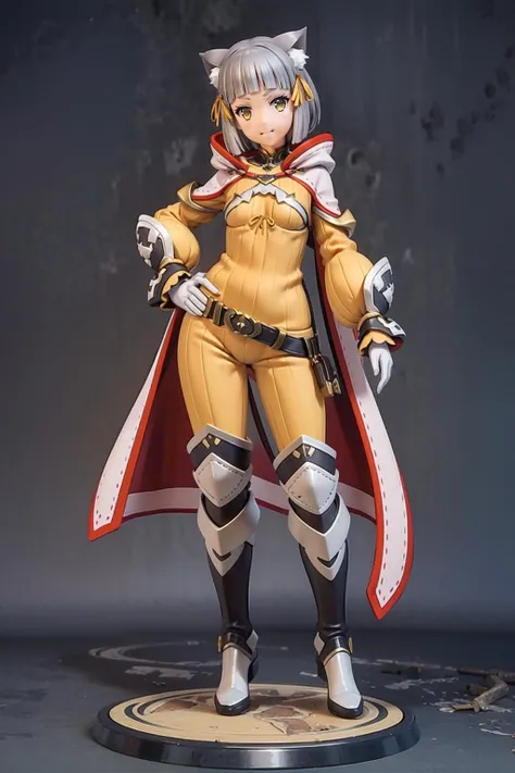 <lora:NiadajiaV1:0.8>,niadajia,1girl,solo,grey hair,short hair,blunt bangs,tips pointing backward cat ears,yellow head ribbon,yellow eyes,
high-collared yellow bodysuit with white trim,pink hood with pairs of long ribbons,flat chest,hood down,black white gauntlets,white gloves,metallic buckle belt,black white leg armor with red boots,, masterpiece,best quality,ultra detailed,high quality,illustration,perfect anatomy,bedroom,
(full body:1.5),(standing:1.2),looking at viewer,<lora:æåPVCmerdV1:1>,