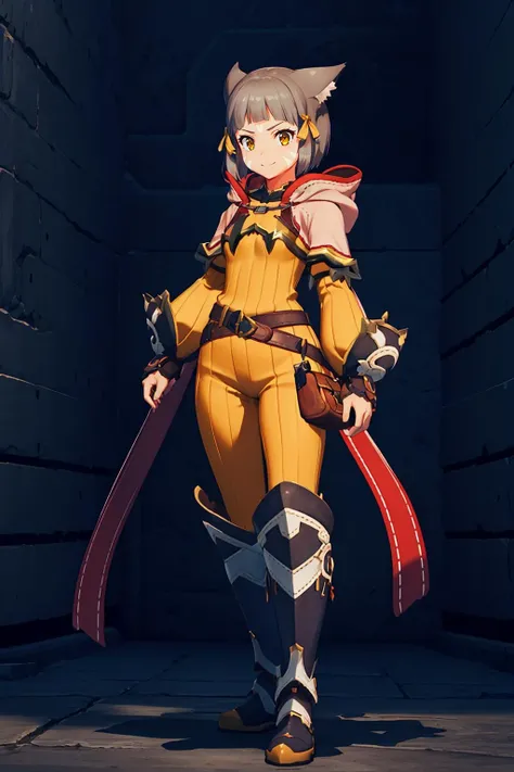 <lora:NiadajiaV3:0.8>,niadajia,1girl,solo,grey hair,short hair,blunt bangs,tips pointing backward cat ears,yellow head ribbon,white facial mark,yellow eyes,smile,
high-collared yellow bodysuit with white trim,pink hood with pairs of long ribbons,flat chest,hood down,black white gauntlets,metallic buckle belt,black white leg armor with red boots,, Exquisite visuals, high-definition,masterpiece,best quality,Exquisite visuals,high-definition,masterpiece,best quality,18yo,Young female,Beautiful Fingers,Beautiful long legs,Beautiful body,Beautiful character design,