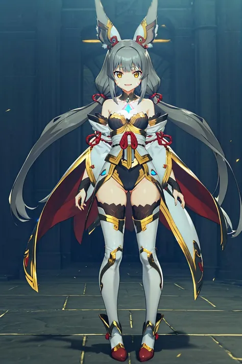 <lora:NiadajiaV3:0.8>,niasexform,1girl,low twintails,tips pointing backward rabbit ears,hair red ribbon,very long hair,grey hair,blunt bangs,white facial mark,yellow eyes,smile,
gold trim collar,small breasts,chest blue red jewel,cleavage,bare shoulders,coat tails gold trim highleg leotard,detached gold trim voluminous sleeves,gold trim white thighhighs,red high-heeled fantasy boots,, Exquisite visuals, high-definition,masterpiece,best quality,Exquisite visuals,high-definition,masterpiece,best quality,18yo,Young female,Beautiful Fingers,Beautiful long legs,Beautiful body,Beautiful character design,
