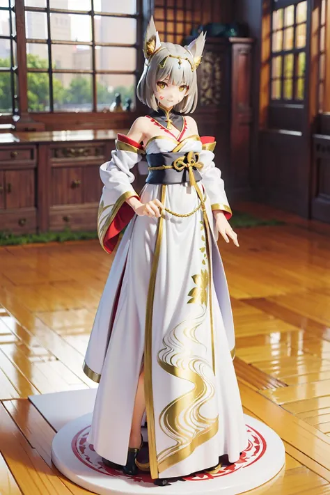 <lora:NiadajiaV4:0.8>,niaqueen,1girl,short hair,grey hair,blunt bangs,gold trim high cat ears,white facial mark,yellow eyes,
black halterneck high collar,chest blue red jewel,gold trim flower print white kimono,small breasts,bare shoulders,long white wide sleeves,, masterpiece,best quality,ultra detailed,high quality,illustration,indoors,room,perfect anatomy,<lora:æåPVC-L:0.5>,
(full body:1.5),(standing:1.2),looking at viewer,