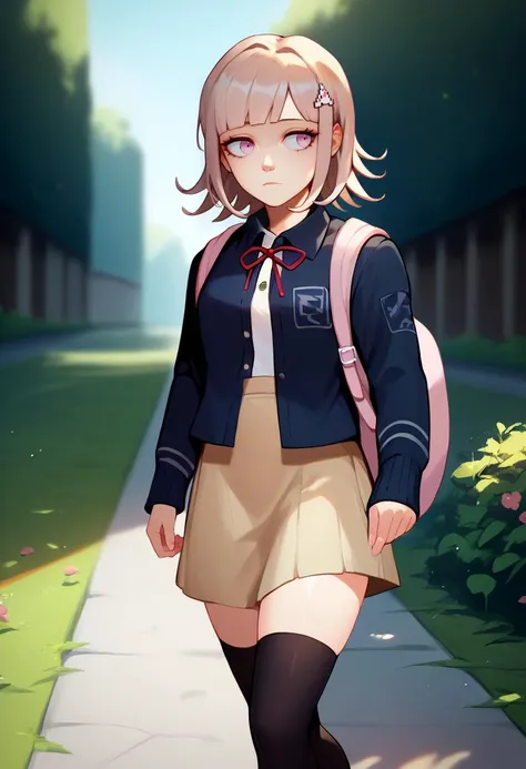 score_9, score_8_up, score_7_up, solo, 1girl, nanami chiaki, expressionless, walking, hairclip, black jacket, long sleeves, two-tone shirt, neck ribbon, brown skirt, thighhighs, backpack, outdoors <lora:style_qt0ri_ponyXL-000011:1> <lora:danganronpa2_nanami_ponyXL:1>