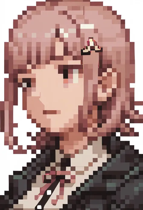 score_9, score_8_up, score_7_up, source_anime, 1girl, <lora:FF-Tactics-Portraits-pdxl_Fp:1> simple background, portrait, pixel art, <lora:danganronpa2_nanami_ponyXL:1> nanami chiaki, hairclip, black jacket, neck ribbon