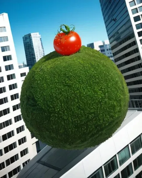 no humans, objectification, <lora:vertical_vegetables_v2:0.5>, building, cityscape, tomato