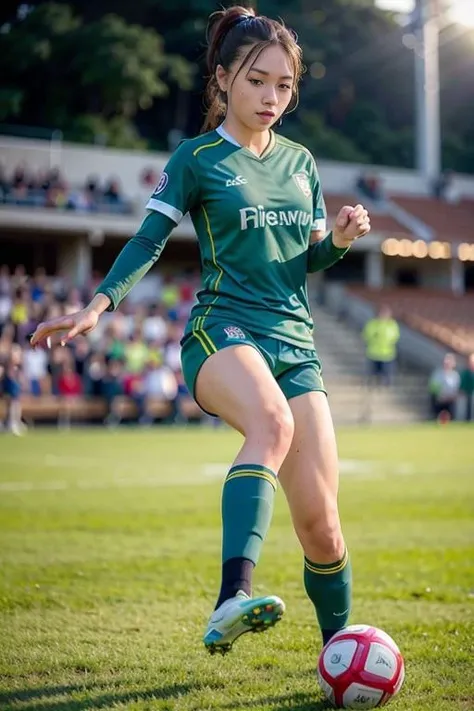 <lora:betterCuteAsian03:0.3>, woman posing for a photo,(kicking the ball,wearing soccer_uniform:1.3),green uniform, 
good hand,4k, high-res, masterpiece, best quality, head:1.3,((Hasselblad photography)), finely detailed skin, sharp focus, (cinematic lighting), collarbone, night, soft lighting, dynamic angle, [:(detailed face:1.2):0.2],(((inside_soccer_field))), outside,    <lora:soccer_uniform:0.5>