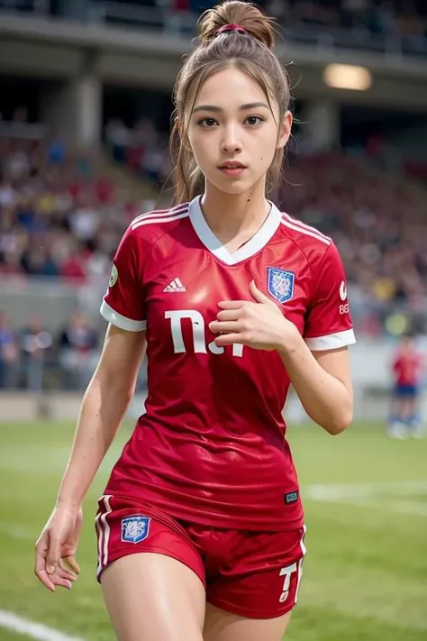 <lora:betterCuteAsian03:0.3>, woman posing for a photo,(wearing soccer_uniform:1.3),red uniform,
good hand,4k, high-res, masterpiece, best quality, head:1.3,((Hasselblad photography)), finely detailed skin, sharp focus, (cinematic lighting), collarbone, night, soft lighting, dynamic angle, [:(detailed face:1.2):0.2],(((inside_soccer_field))), outside,    <lora:soccer_uniform:0.5>