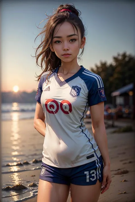 woman posing for a photo on beach,(wearing soccer_uniform:1.3), short uniform,
good hand,4k, high-res, masterpiece, best quality, head:1.3,((Hasselblad photography)), finely detailed skin, sharp focus, (cinematic lighting), collarbone, night, soft lighting, dynamic angle, [:(detailed face:1.2):0.2], outside, <lora:soccer_uniform:0.5>
