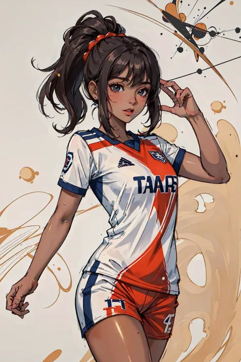 ((masterpiece:1.2, best quality)), ultra detailed, Ultra-precise depiction, Ultra-detailed depiction, (zentangle:1.2), cowboy shot, (dynamic pose), floaty hair, (abstract background:1.5), prom hairstyle, (<lora:soccer_uniform:0.5>, wearing soccer_uniform, 1lady, (tan, shiny skin), many colors
